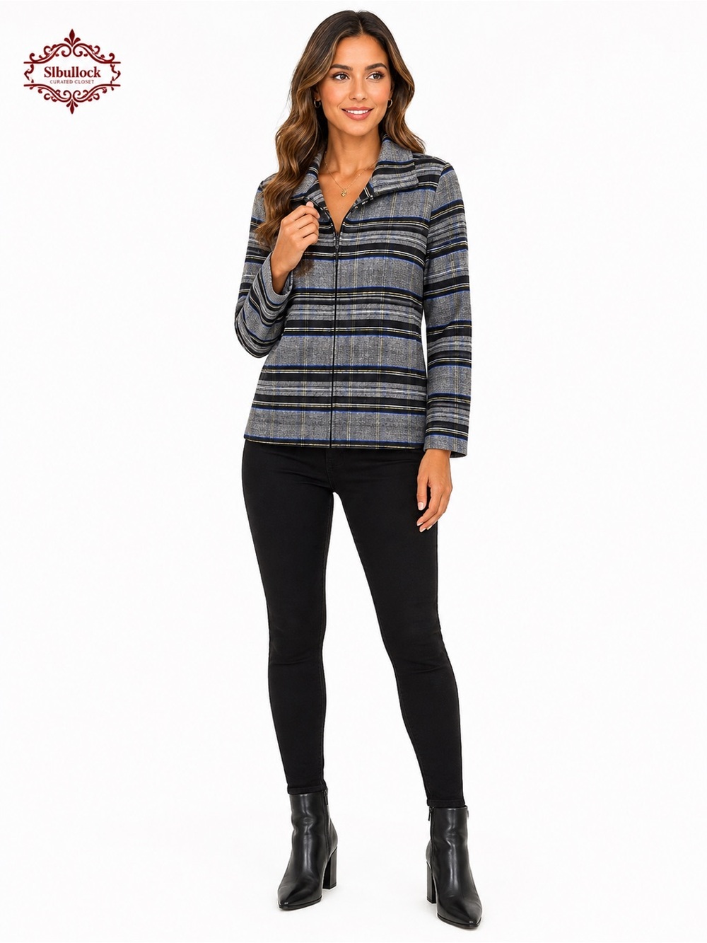 😎J3 CJ Banks 1X Plaid Zip Front Jacket Gray Black Blue😎